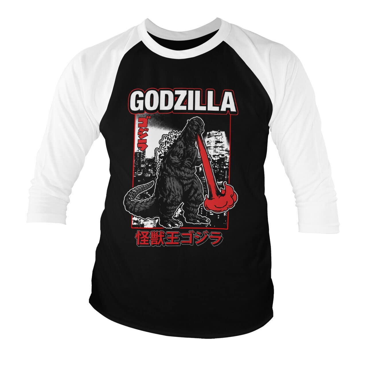 Godzilla Officially Licensed Atomic Breath 3/4 Sleeve T-Shirt (White-Black), XX-Large