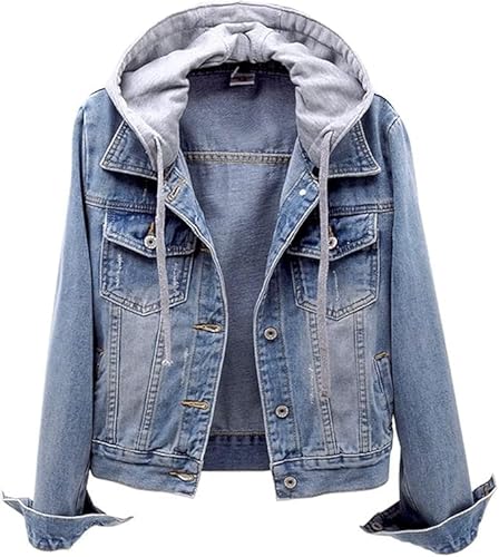 Denim Jacket for Women Jean Jacket With Hood Button Down Trendy Boyfriend Washed Basic Casual Coat Fall Outfit