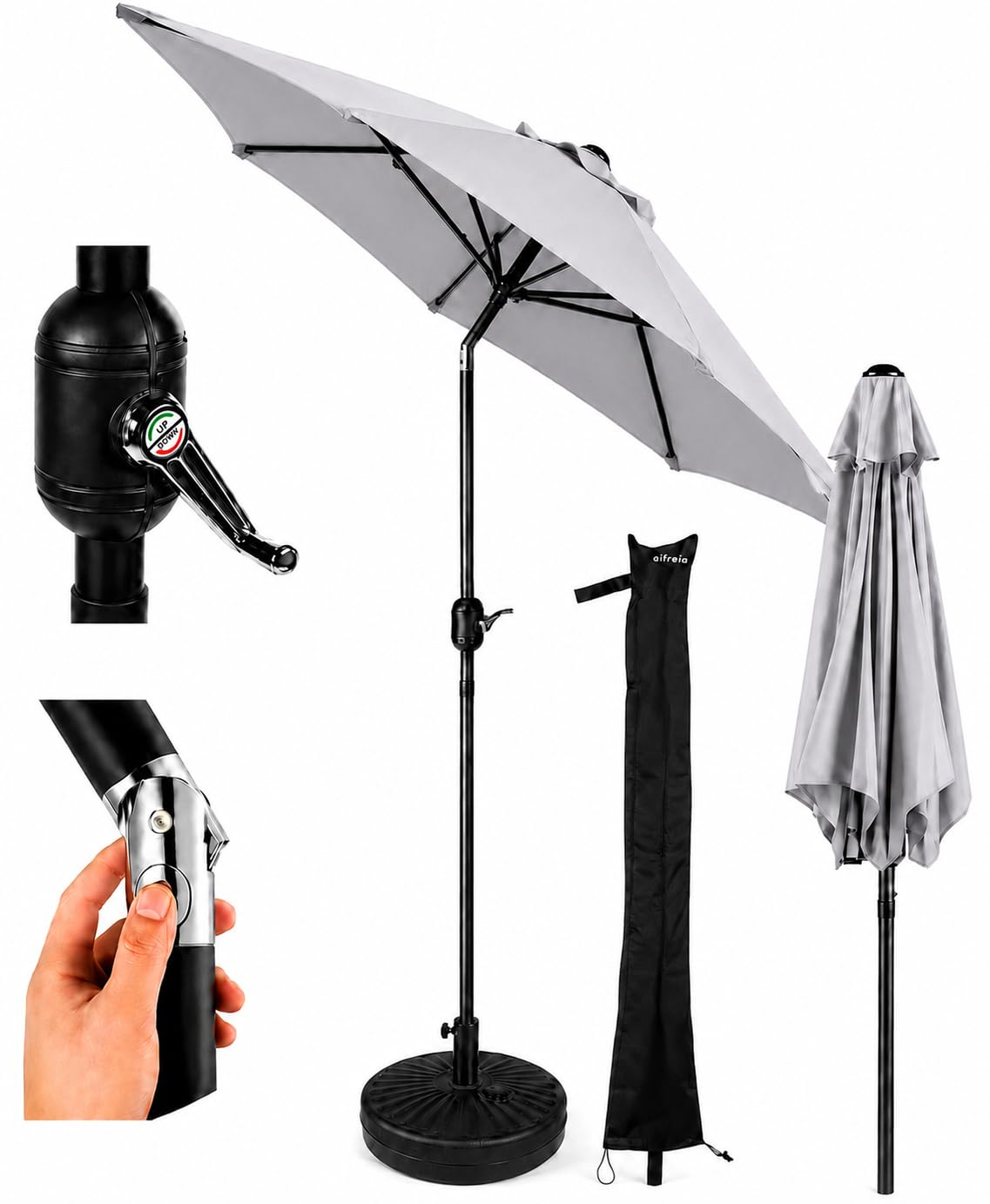 Alfresia Light Grey 2M Garden Parasol With Base & Waterproof Cover, Crank Handle & Tilt Function, Water-Resistant Patio Umbrella With Steel Pole & 6 Ribs, Outdoor Sun Shade For Garden & Patio