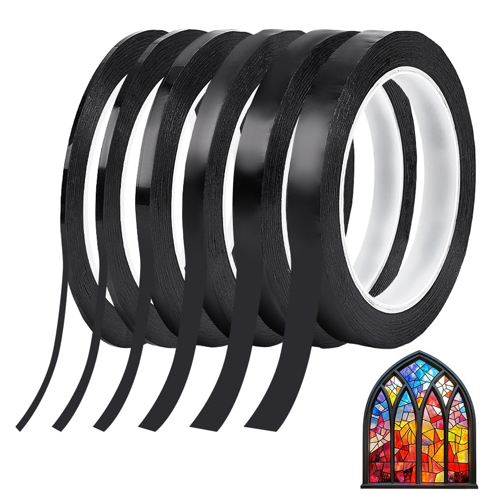 NBEADS 6 Rolls 396M/1296Ft Stained Glass Tape, 2/3/5/8/11/13mm PET Stained Glass Lines Black Strip Self Adhesive Line for Gallery Window Arts Applications