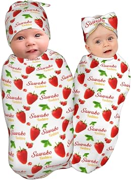 Custom Baby Swaddle Blanket with Name, Personalized Receiving Blankets with Headband or Hat for Newborn Infant Strawberry
