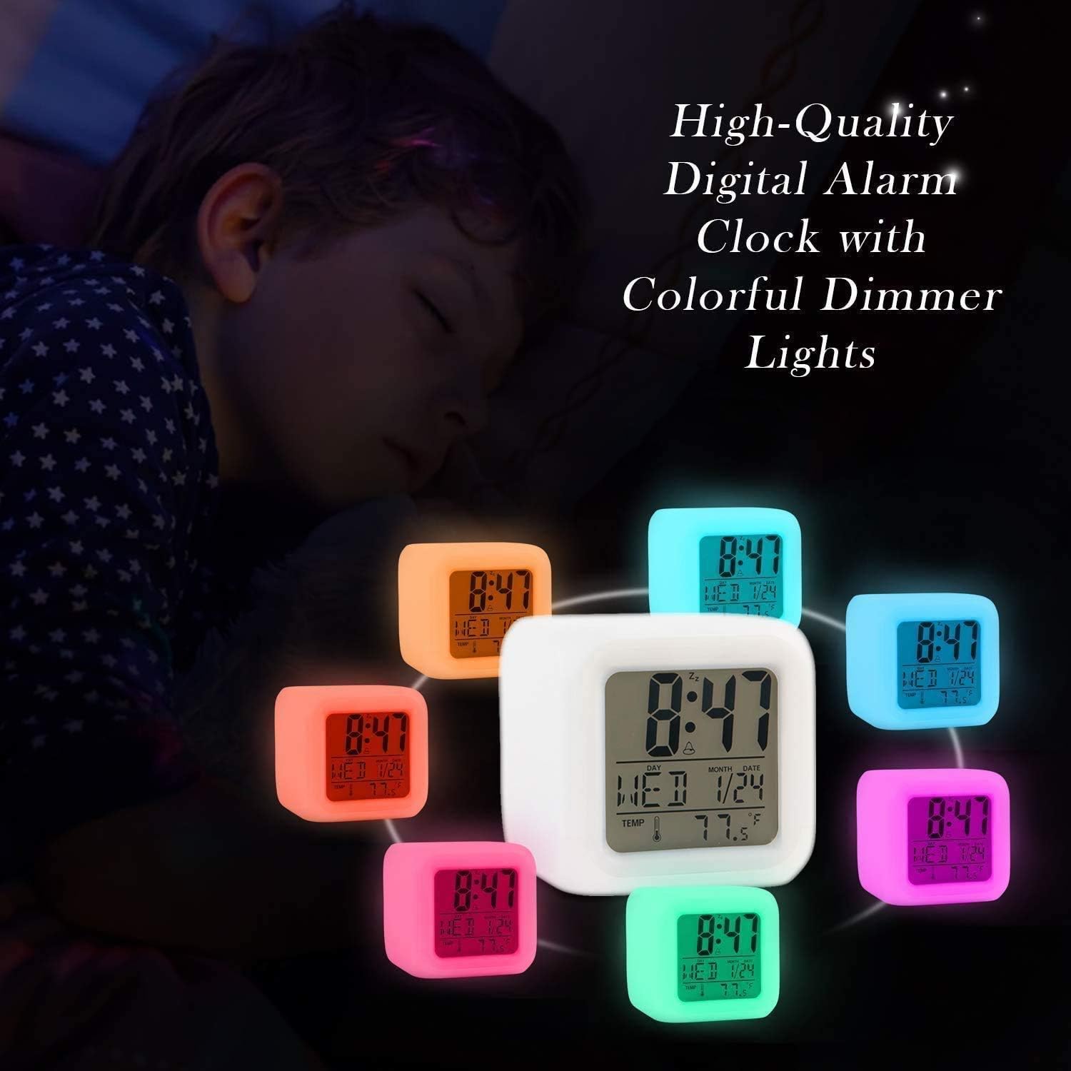 Kids Alarm Clock Wake Up Easy Setting Digital Travel, for Boys Girls, Large Display Time-Date-Alarm with Snooze, Bedside Clock Handheld Size, LED Night Light Clock - Great Gift Idea : Home & Kitchen