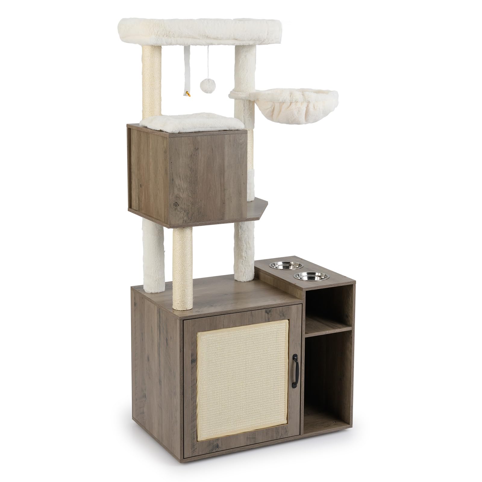 GOPLUS Mueble para Arena de Gatos, Árbol Rascador para Gatitos con Caseta, Hamaca, Casita Escondida, Palo de Sisal, 2 Comederos, Rascadores y Pelotas, Armario Moderno para Gatos de Interior (Gris)