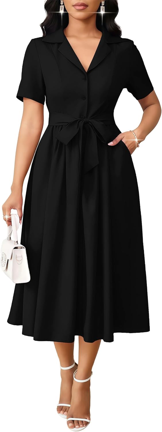 Women's Elegant V-Neck Flowy A-Line Dress Flared Short Sleeves Cinch Waist Cocktail Date Party Midi Dresses