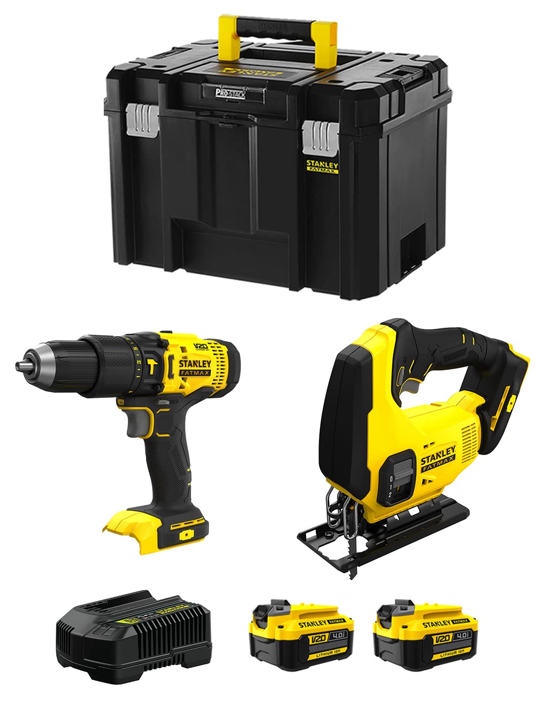 STANLEY FatMax Kit SVK205 (Taldro Percutor SFMCD711 + Sierra de Calar SFMCS600 + 2 Baterías de 4,0 Ah + Cargador + TSTAK VI)