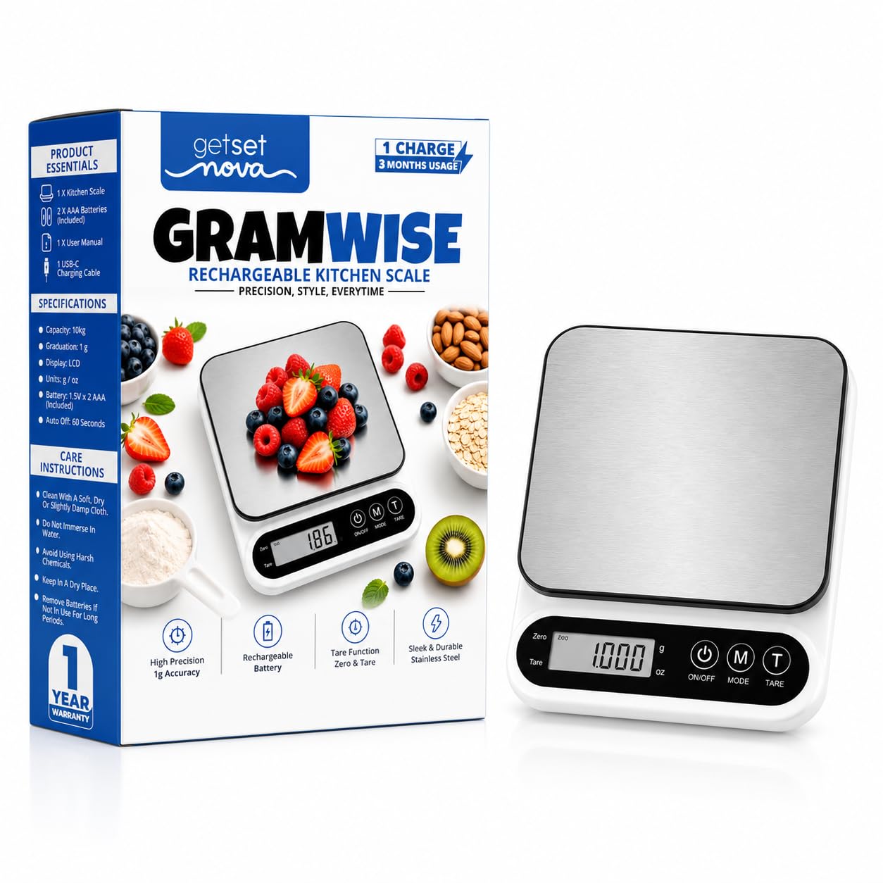 GetSetNova Rechargeable Digital Kitchen Weighing Scale 10kg | Weight Machine for Kitchen with Stainless Steel Platform | Food Weighing Scale with LED Display & Auto Shut-Off | 1 Year Warranty-picture-10