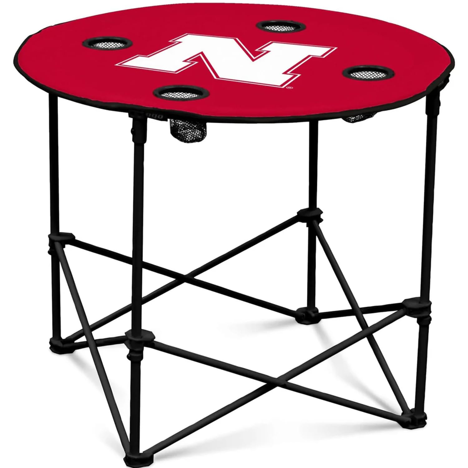 Logo Brands NCAA Nebraska Cornhuskers Round Tailgating Table – Portable with Foldable Legs, 4 Cup Holders, Powder-Coated Steel, and 27.6" Surface Diameter, Team Color