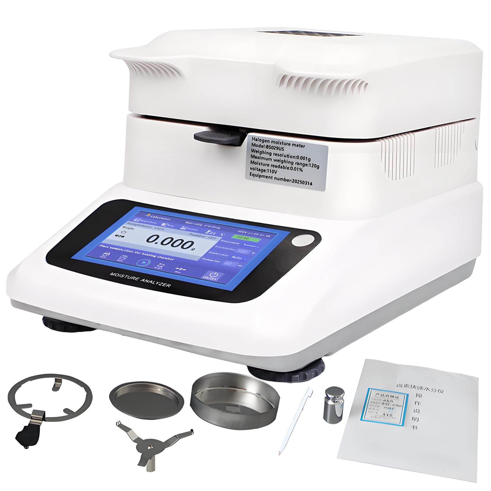 vnmudzeo Food Industry Moisture Analyzer,5" High-definition Touch Screen,40-230°C Laboratory Halogen Moisture Meter,for Baking Milling Snack Production 0.002g