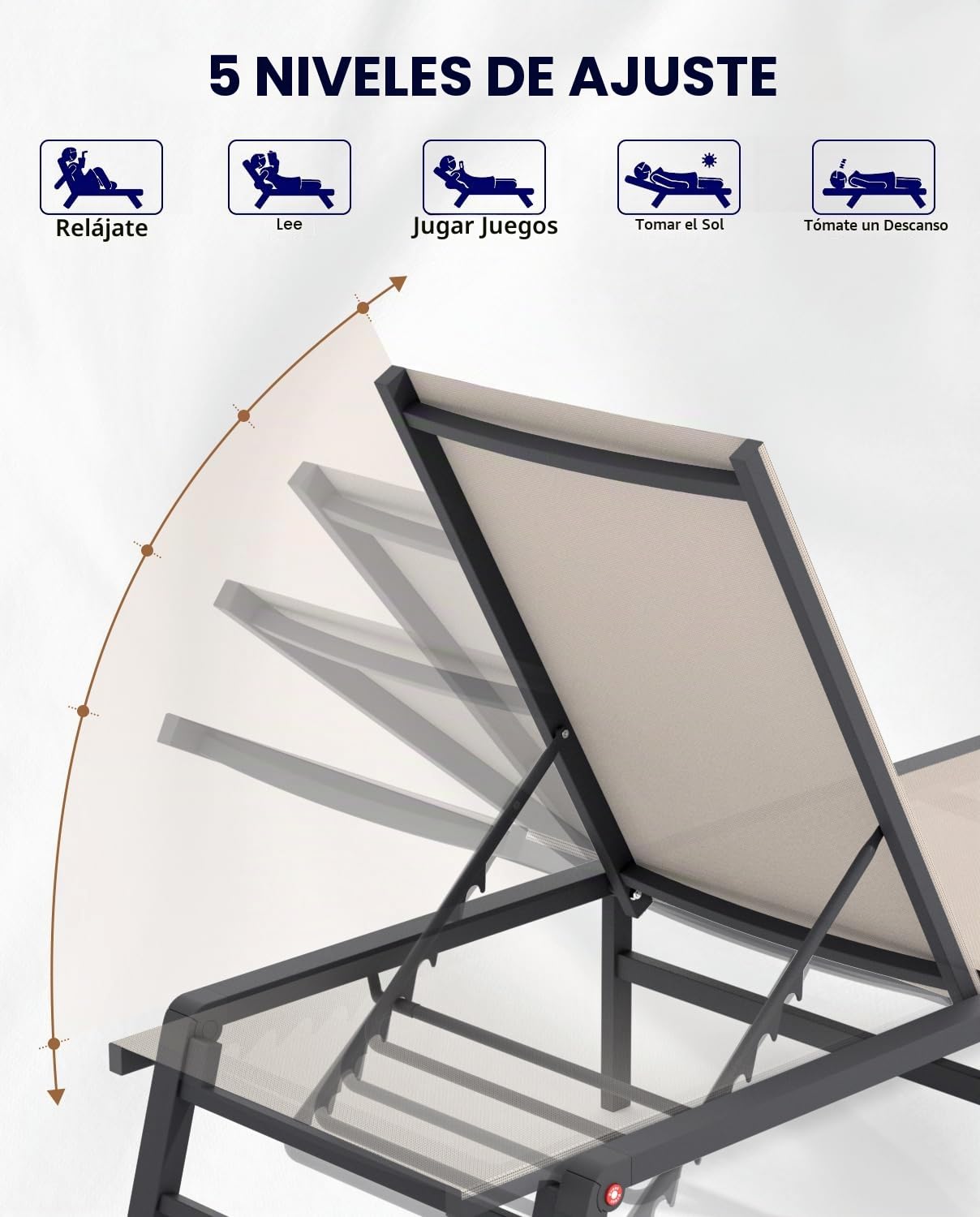 Tumbona de Aluminio para Exteriores, con 5 Posiciones Ajustables, Plegable, para Piscina, Playa, Patio, Piscina, Interior y Exterior, Color Beige