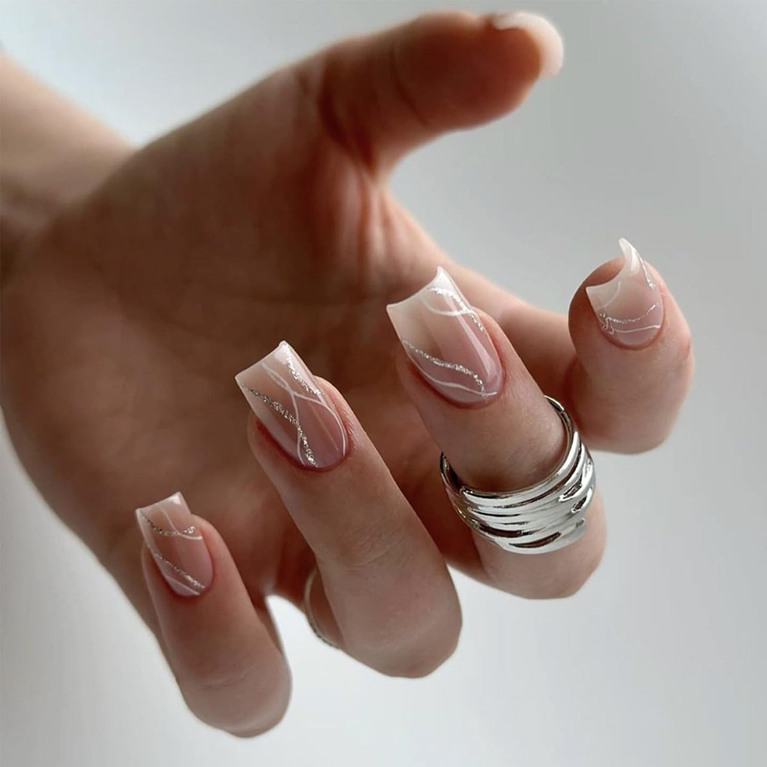 Medium Press on Nails Square Fake Nails Gradient Pink Stick on Nails White Wave Line Acrylic Nails with Silver Designs Full Cover Glue on Nails