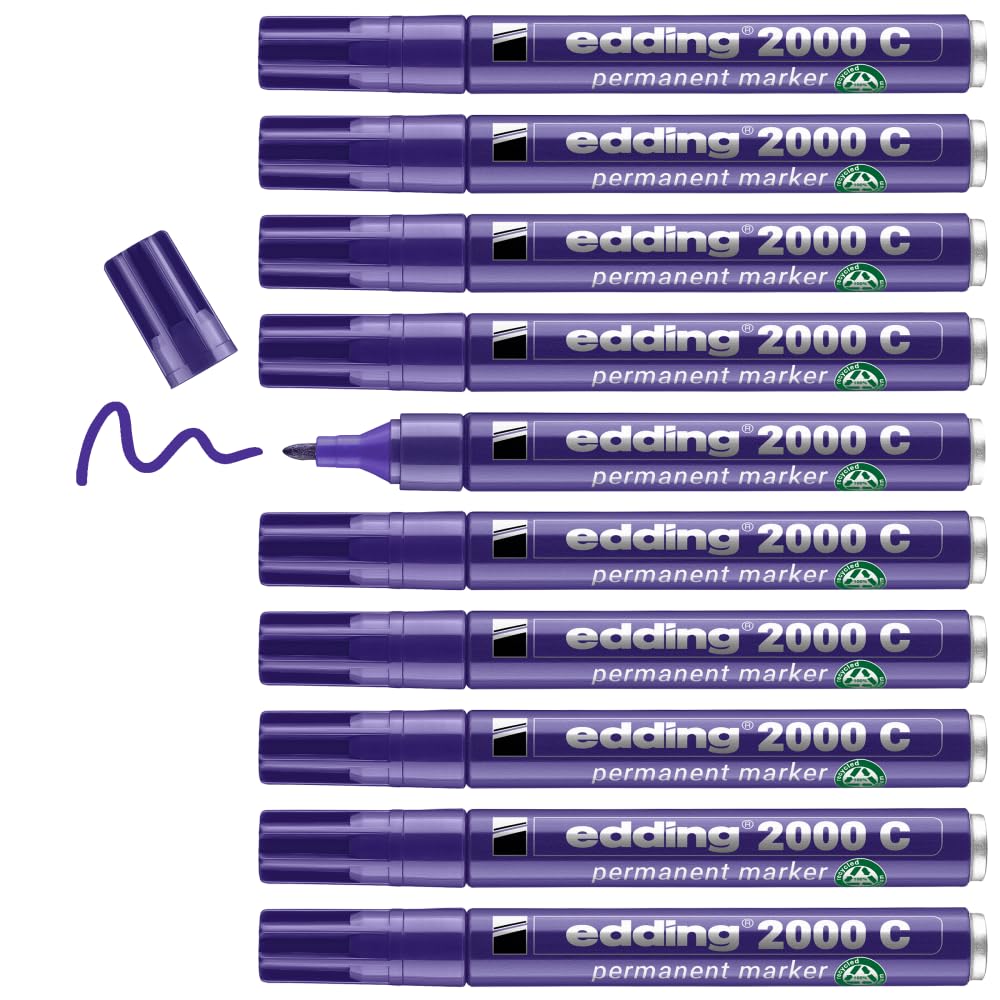 Edding 2000 C Permanent Marker - Violet (Purple) - Box of 10 - Round Nib 1.5-3 mm - Quick-Drying Permanent Markers - Waterproof, Smudge-Proof - for Cardboard, Plastic, Wood, Metal, Fabric - Marker Pen