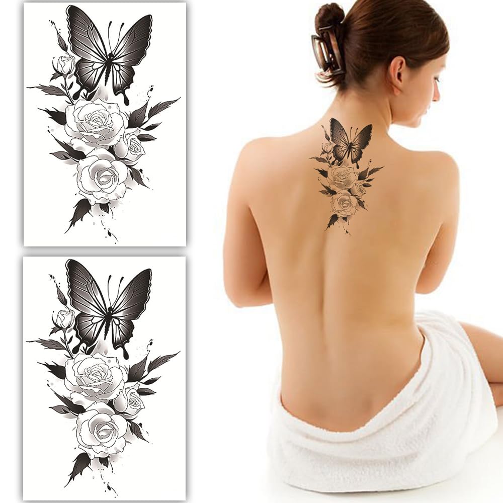 S.A.V.I 2 Sheets Black Butterfly & Rose Temporary Tattoos, Waterproof & Long-lasting, 19x12cm – Easy to Apply & Remove, Perfect Body Art for Back, Arm, Shoulder – For Women & Girls-picture-54