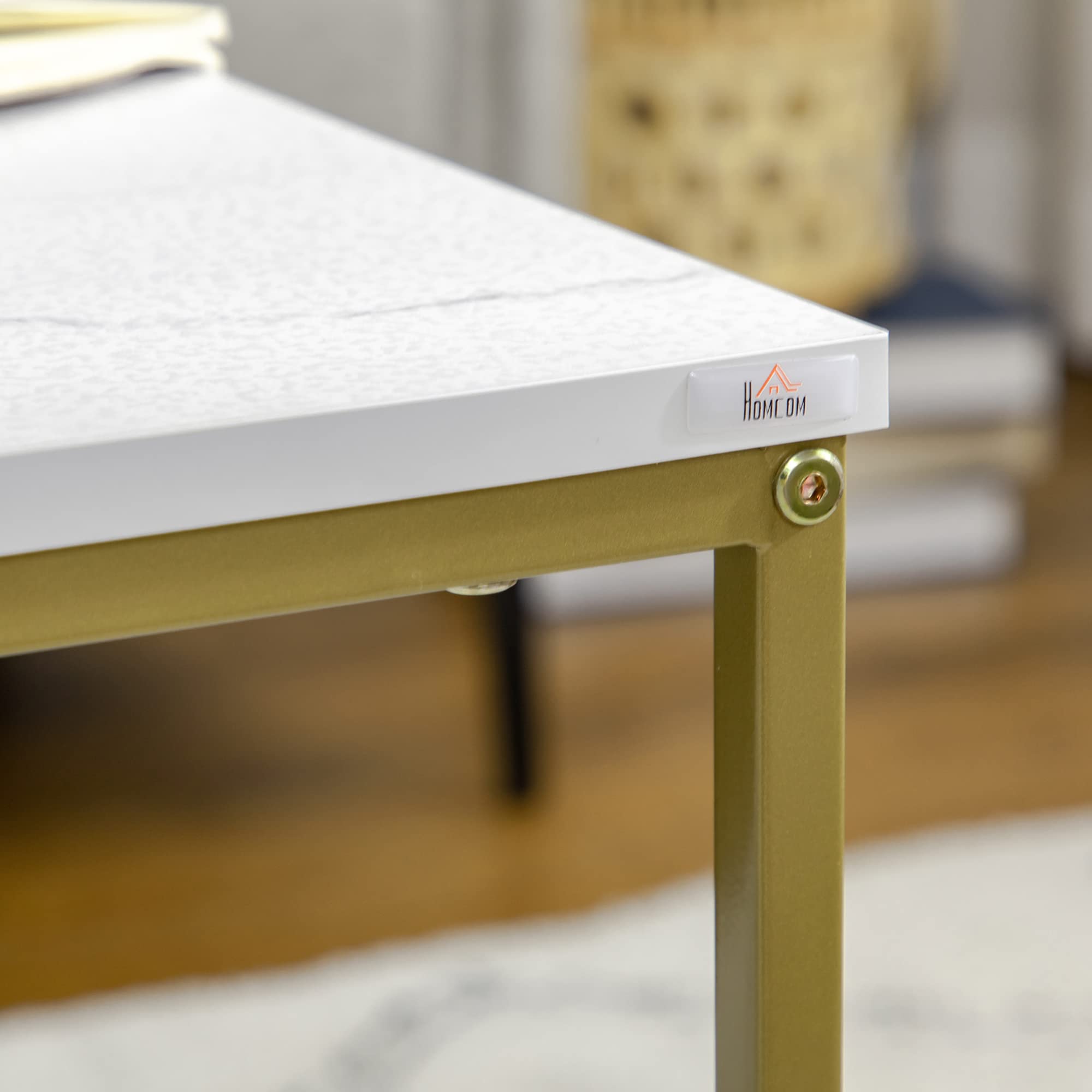HOMCOM Lot de 2 Tables Basses gigognes Tables carrées Plateau Blanc Aspect marbre et Pied en Acier doré