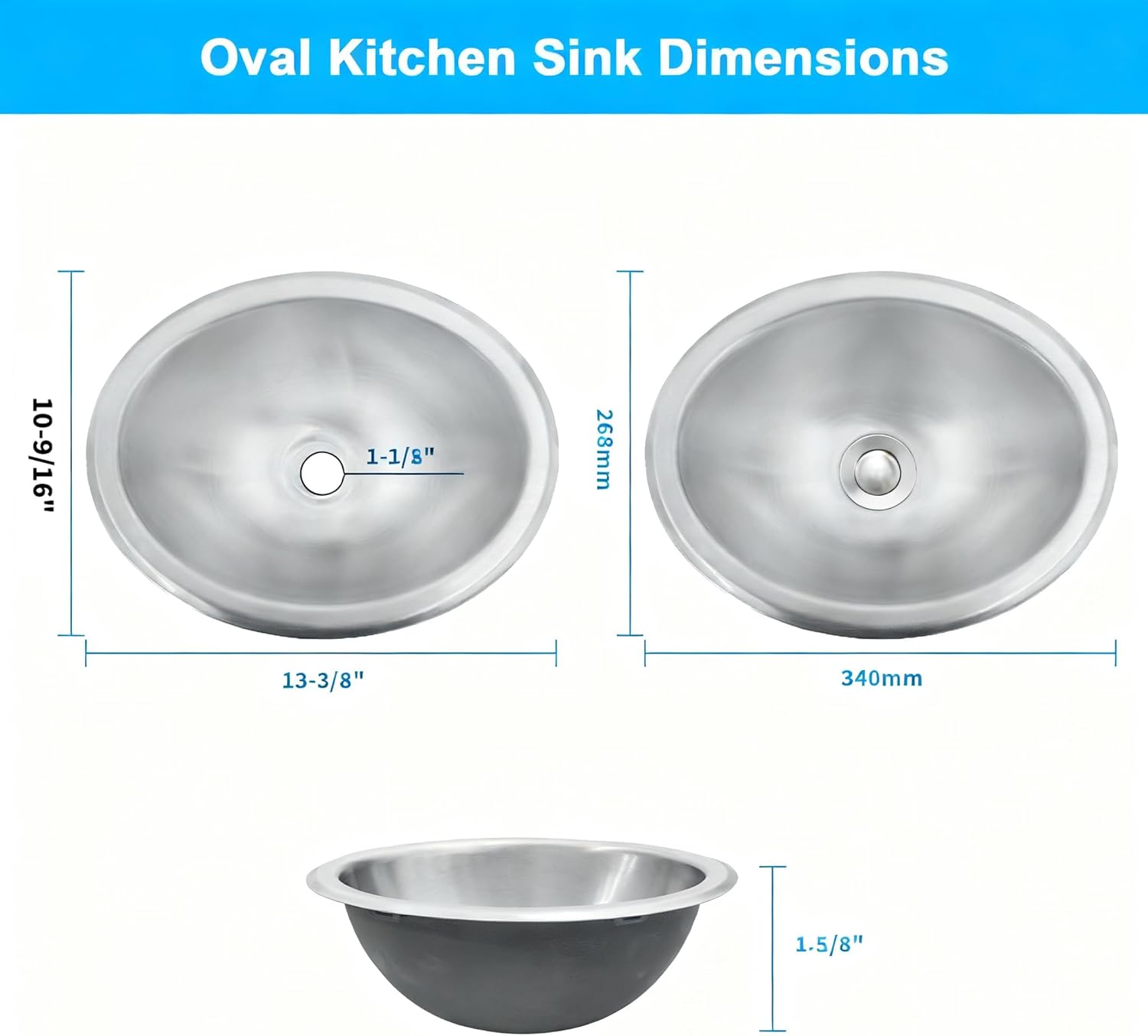 RV Kitchen Sink, 13.39" X 10.55" X 5.12" Stainless Steel Bar Sink, 13 Inch Small Oval Kitchen Sinks used at Outdoor, RV and Bar, Included Kitchen Sinks Drain Assembly, Stainless Steel Color