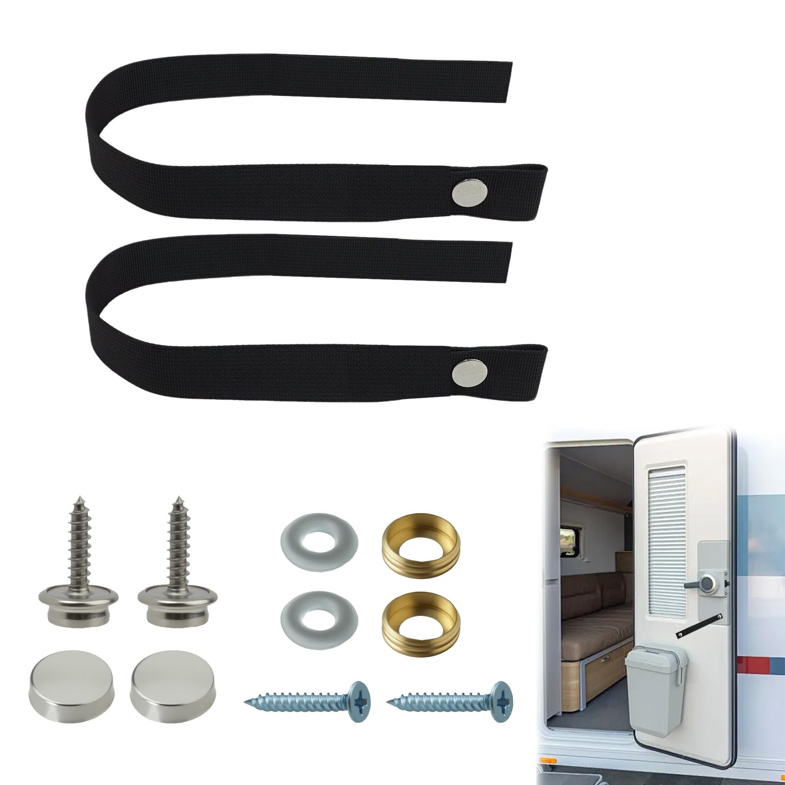 2 x Wohnmobil-Duschtürgurt, robuste Schnappgurte mit Schraubnieten, universeller Verriegelungs-Raffhalter für Camper-Taschentüren und Ponton-Bootsleiter, Schwarz, 2 Stück