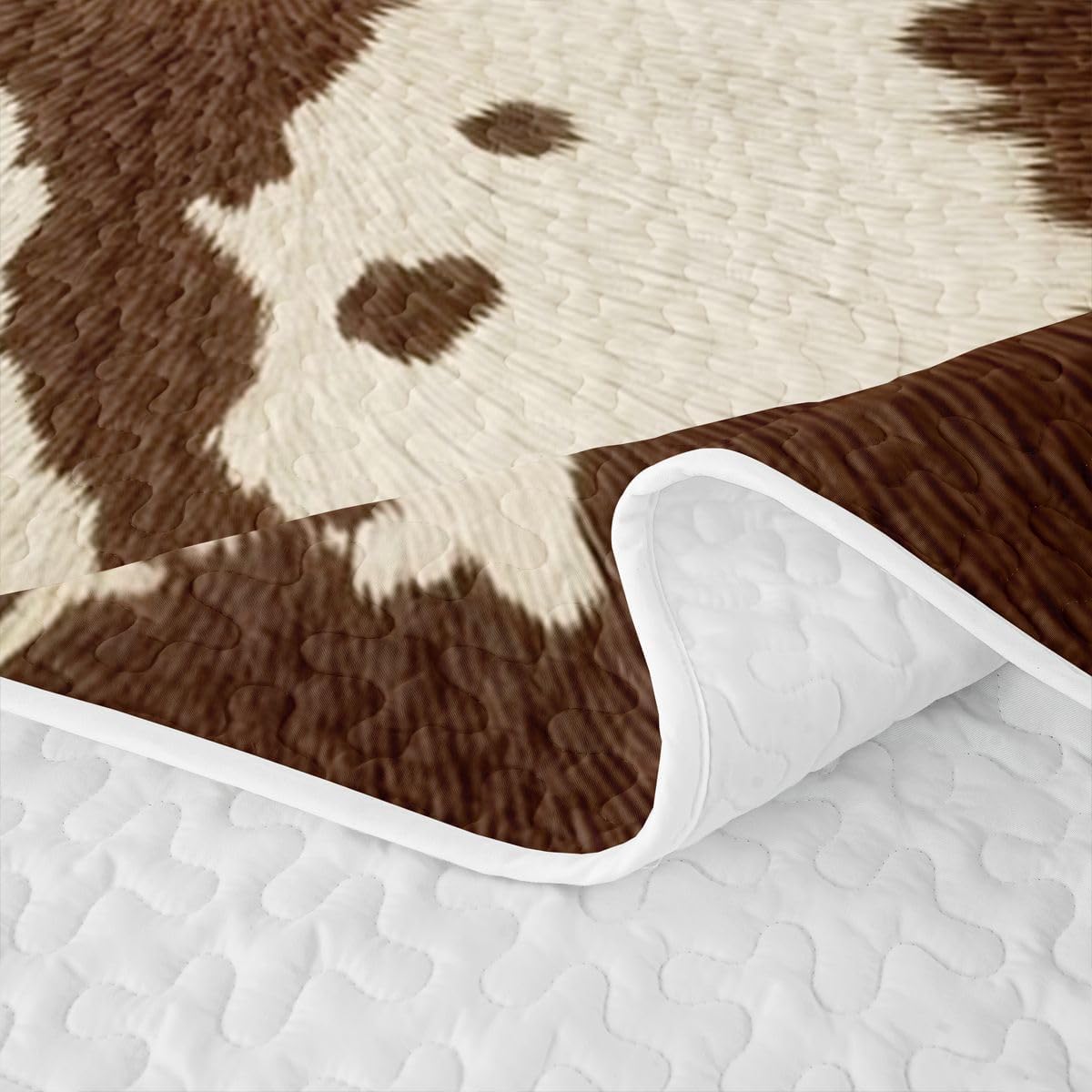 Manfei Brown and White Cowhide Kids Quilt Set King Size,Western Style Quilted Bedspread,Rustic Farmhouse Quilted Coverlet with 2 Pillow Sham,Brown Beige Bed Covers for All Season