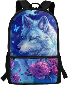 Wolf Backpack for Girls 8-10/12-14 Bookbag Kids Pink Rose Elementary School Bag Student Bookbag 17 Inch Middle School Student Back Pack Schoolbag with Side Pocket