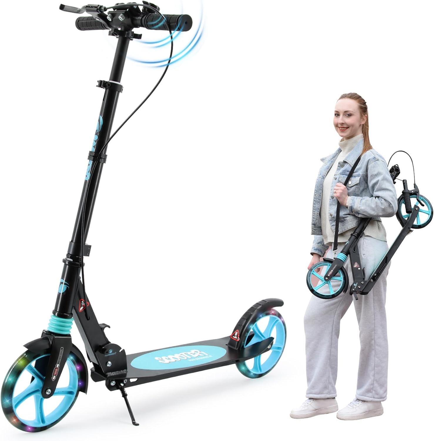 Scooter for Ages 8+ Teens and Adults Kick Scooter Foldable with Double Braking System Bells Adjustable Handlebars Kickstand Max Load 220 LBS 8" Big Wheels