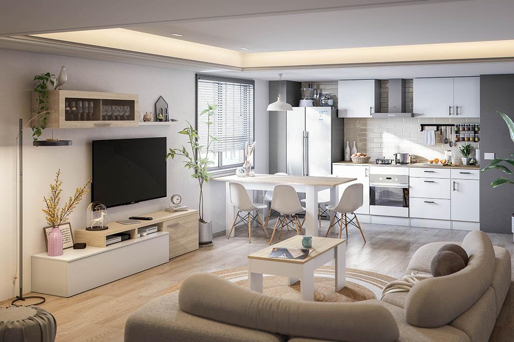 Habitdesign 0F1640A - Tavolino da salotto Low Cost, tavolo da pranzo colore Rovere Canadese - Bianco Artik, misura 100 cm (lunghezza) x 45-56 cm (altezza) x 50 cm (profondità)