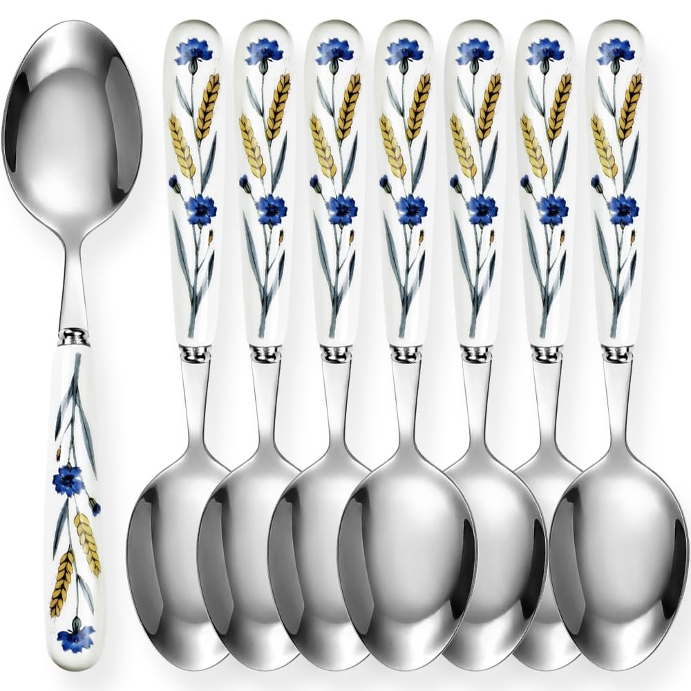 Cuchara de postre de acero inoxidable 18-10 de alta calidad, SUS304, 6.5 pulgadas, 16.5 cm, con mango de cerámica de flor azul de trigo pintado a mano, para el hogar, cocina, restaurante, fiesta (8
