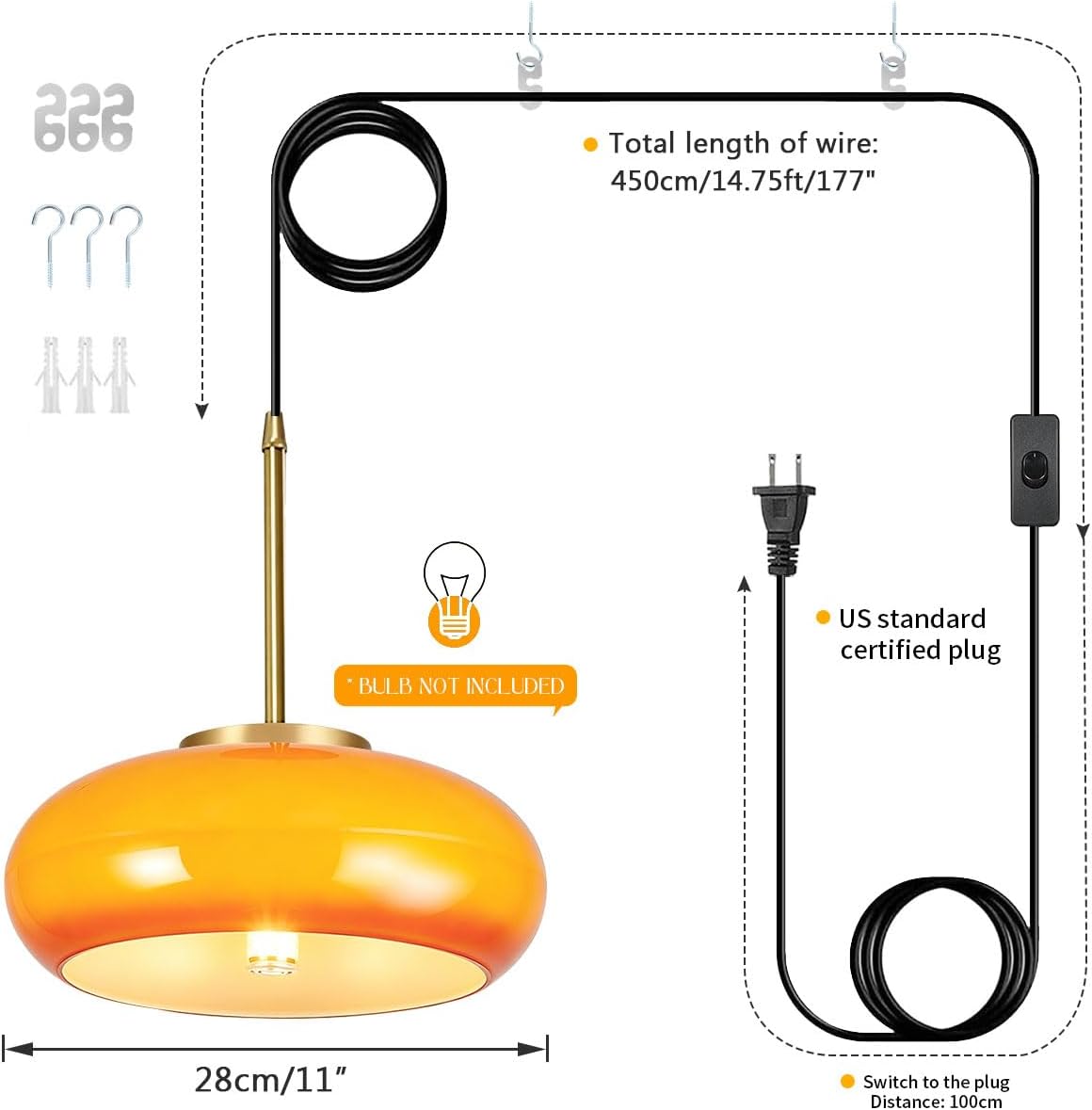 Glass Hanging Lamp Milk Orange Pendant Light Gold Plug in Glass Globe Pendant Light Swag Lights with 14.7 ft Cord On/Off Switch mid Century Modern Hanging Light Kitchen Bedroom (Orange)