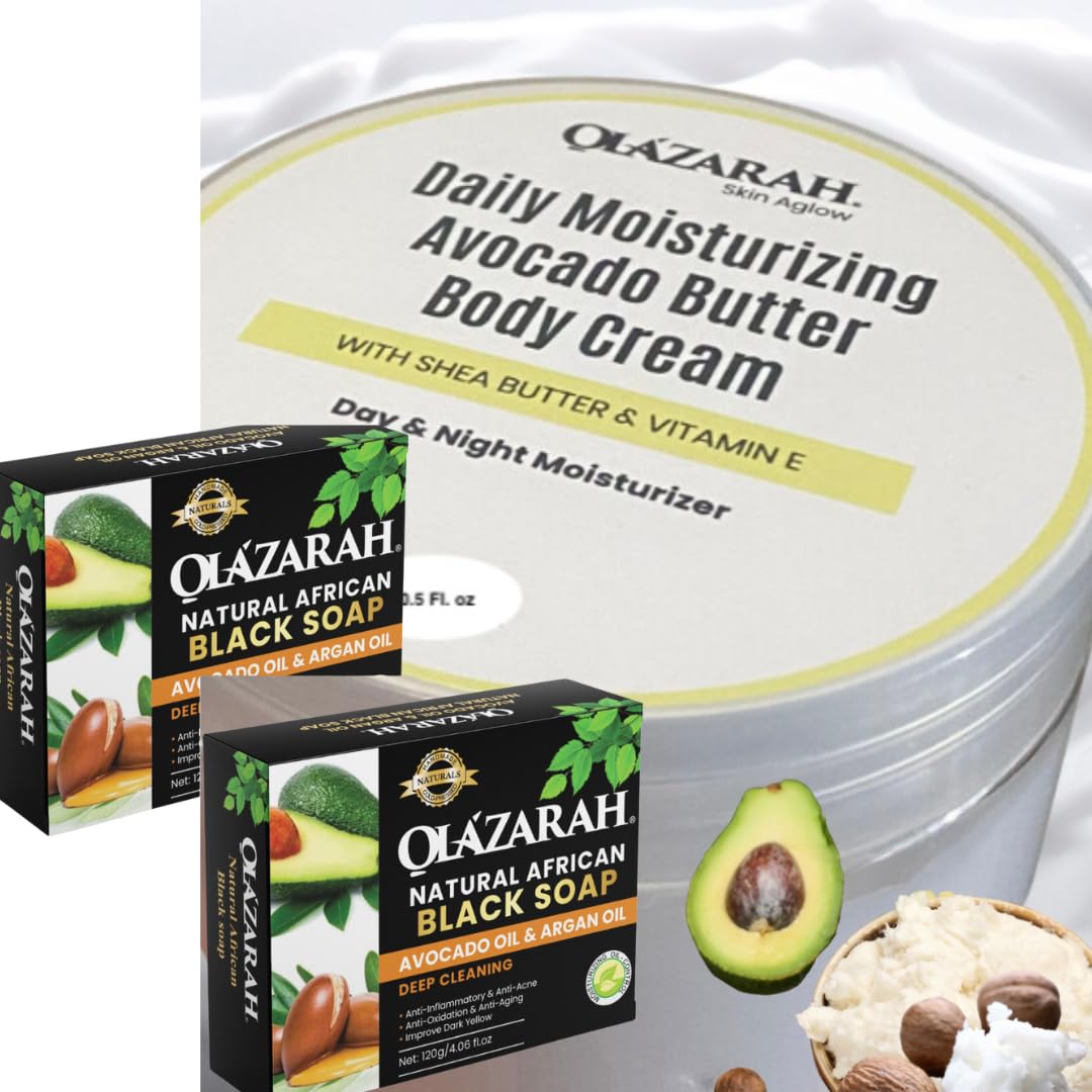 OLAZARAH Avocado Butter Body Cream w/Shea Butter + Natural African Black Soap Infused with Avocado & Argan Oil for Revitalizing Skin Nourishment Bundle, for all skin types, 12 oz