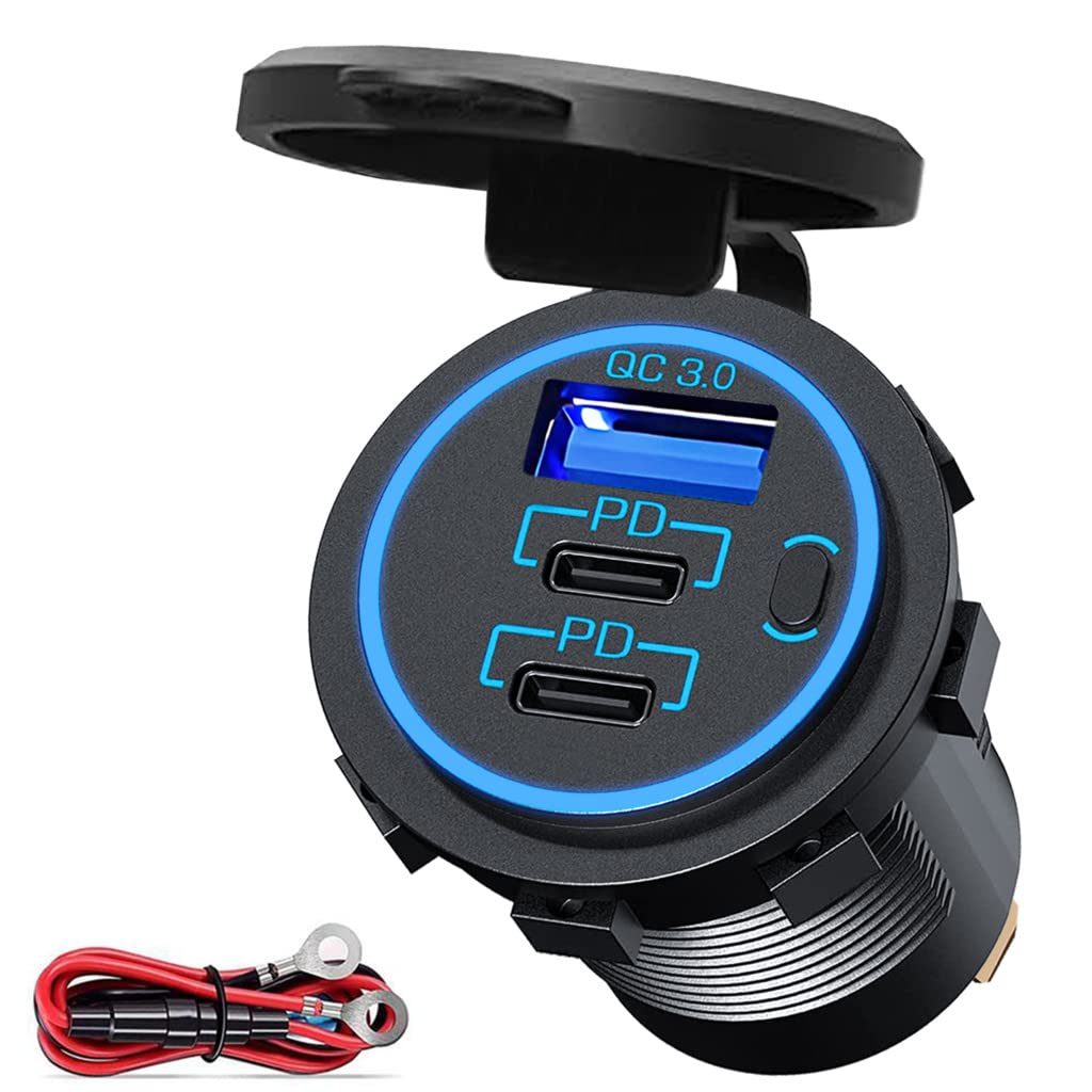 GOBGOD3 Ports USB C Car Charger Socket USB 12V/24V Outlet, Dual 20W PD Type C & 18W QC 3.0 with Button Switch for Car Boat Marine Bus Truck Golf RV Motorcycle