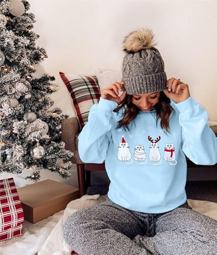 Moletons de Natal para mulheres, camisetas fofas de gato, camiseta de Natal divertida, Natal, manga
