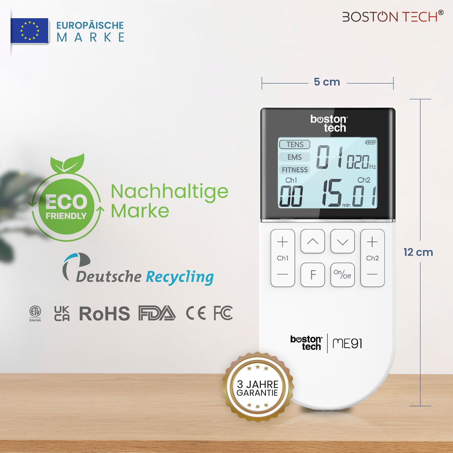 Boston Tech TENS Gerät Schmerztherapie Muskelstimulator | 3 in 1: TENS EMS Fitness | Effektive Schmerzlinderung + Training | 2 Kanäle + 50 Modi + 16 Intensitätsstufen + Inklusive Etui + 4 Elektroden