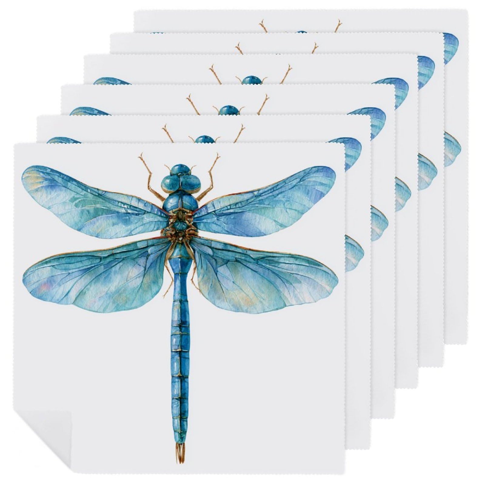 Watercolor A Dragonfly with Translucent Blue Wings Cloth Napkins Set of 6, Square Premium Reusable Washable Polyester Table Linen Napkin for Dinner Party