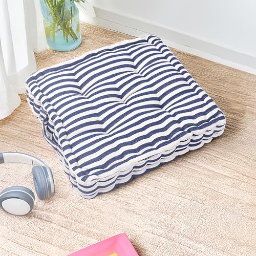 Image of Reversible 60x60x10 cm Woven Quilted Navy Stripe Floor Cushion with Cotton Filler for Seating, Patio Seat, Meditation, Yoga, Pooja, Guests, Living Room, Bedroom, Large Size 24x24x4 Inch