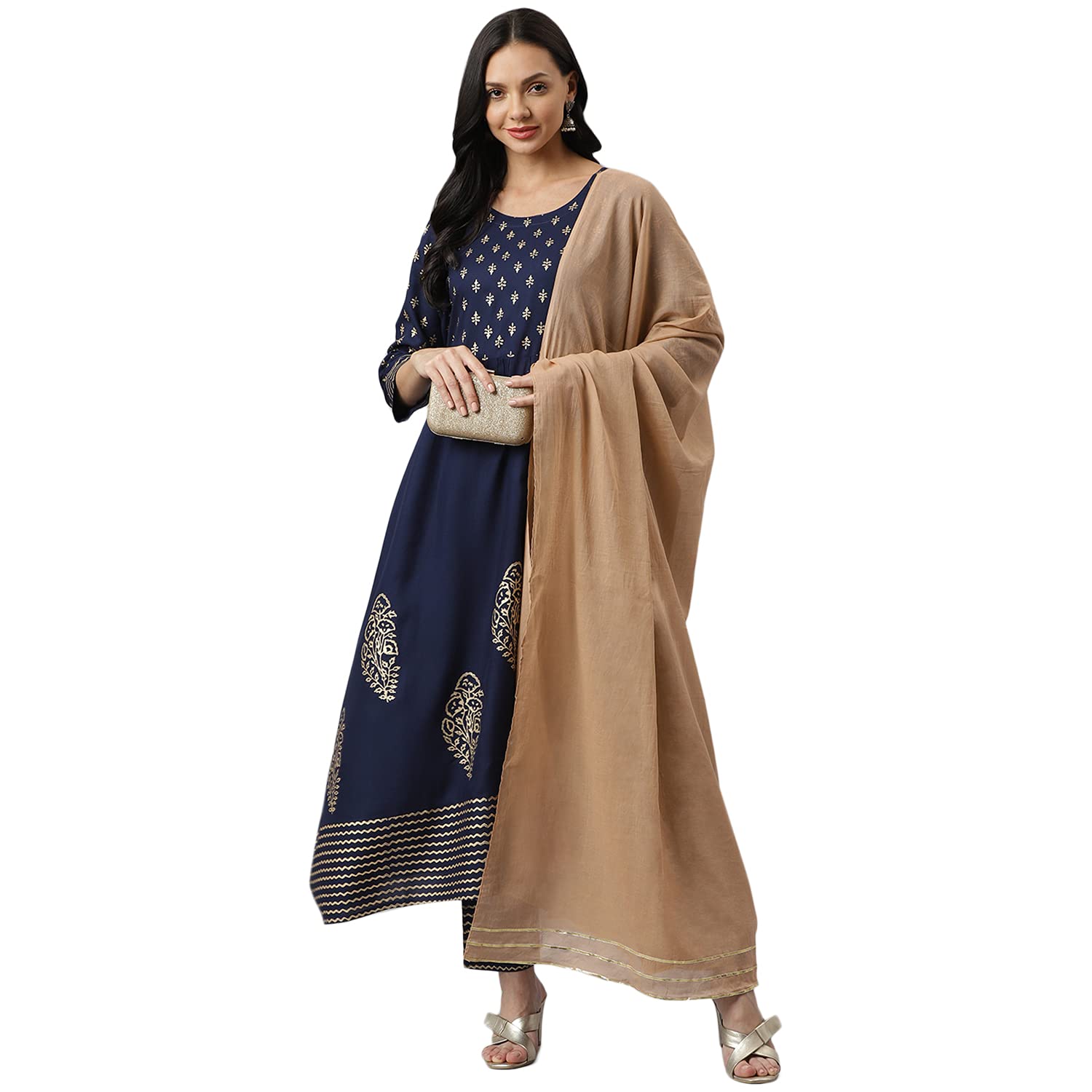 Stylum Women's Gold Printed Rayon Flared Kurta Pant Dupatta Set (Kpdnanonavy38_Navy Blue, M)
