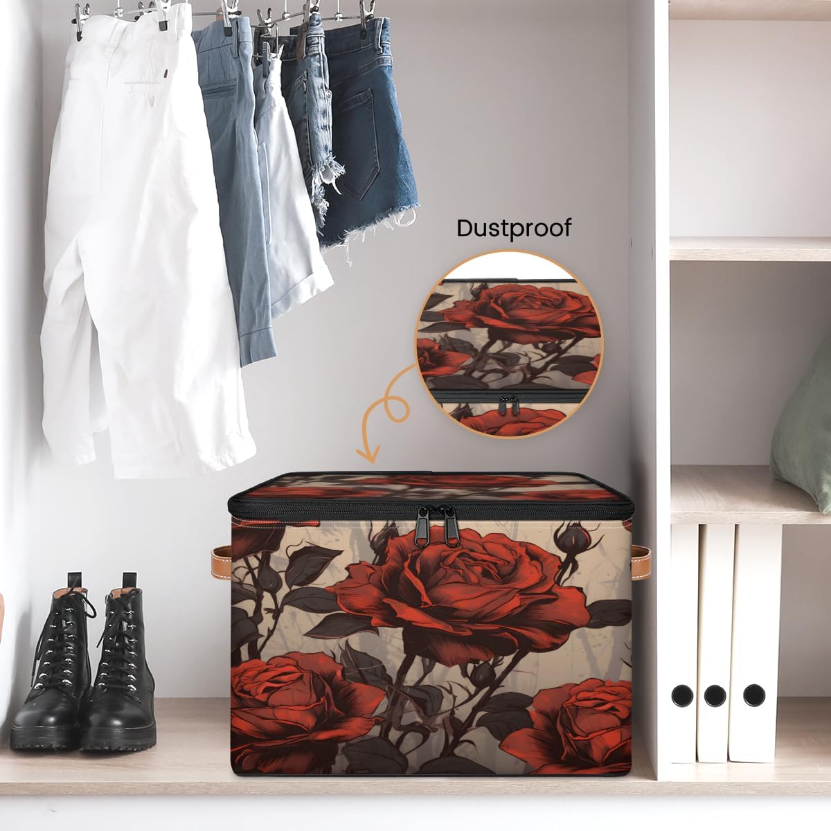 Storage Bin Set of 2 Red Rose Storage Basket with Zipper Lid & Handle Foldable Closet Shelf 2 Pack Cloth Organizer Basket Cube Bins Clothes Organizer for Bedroom, Nursery