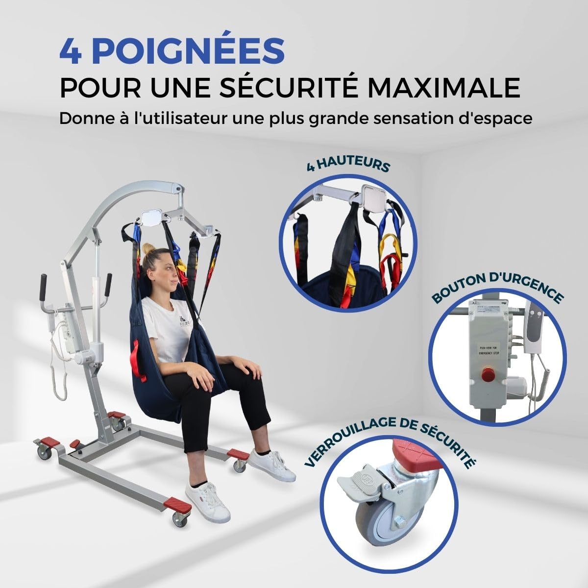 Mobiclinic®, Lève-personne Électrique pour Personnes Âgées, Jusqu'à 180 kg, avec Harnais de Transfert Inclus, Largeur Réglable, Utilisation Pendant la Charge, Roues avec Freins, Acier, Fortuna Basic