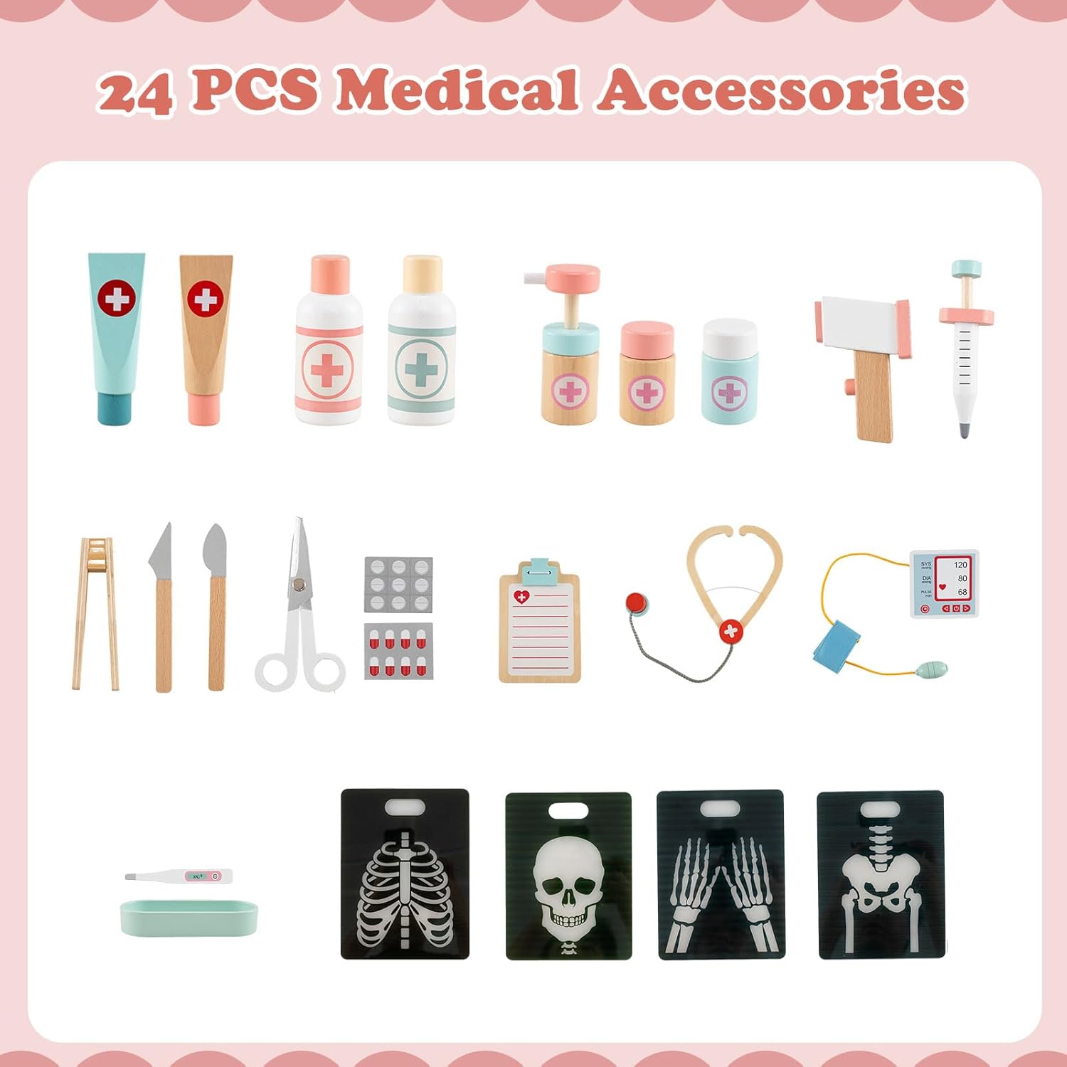 Costzon 2 in 1 Wooden Doctor Playset, Role Play Medical Toy w/24 Medical Accessories, Stethoscope, ECG Monitor, X-Ray Film, Exam Area, Hospital Pretend Playset for Toddlers 3+ Years Old (Pink)
