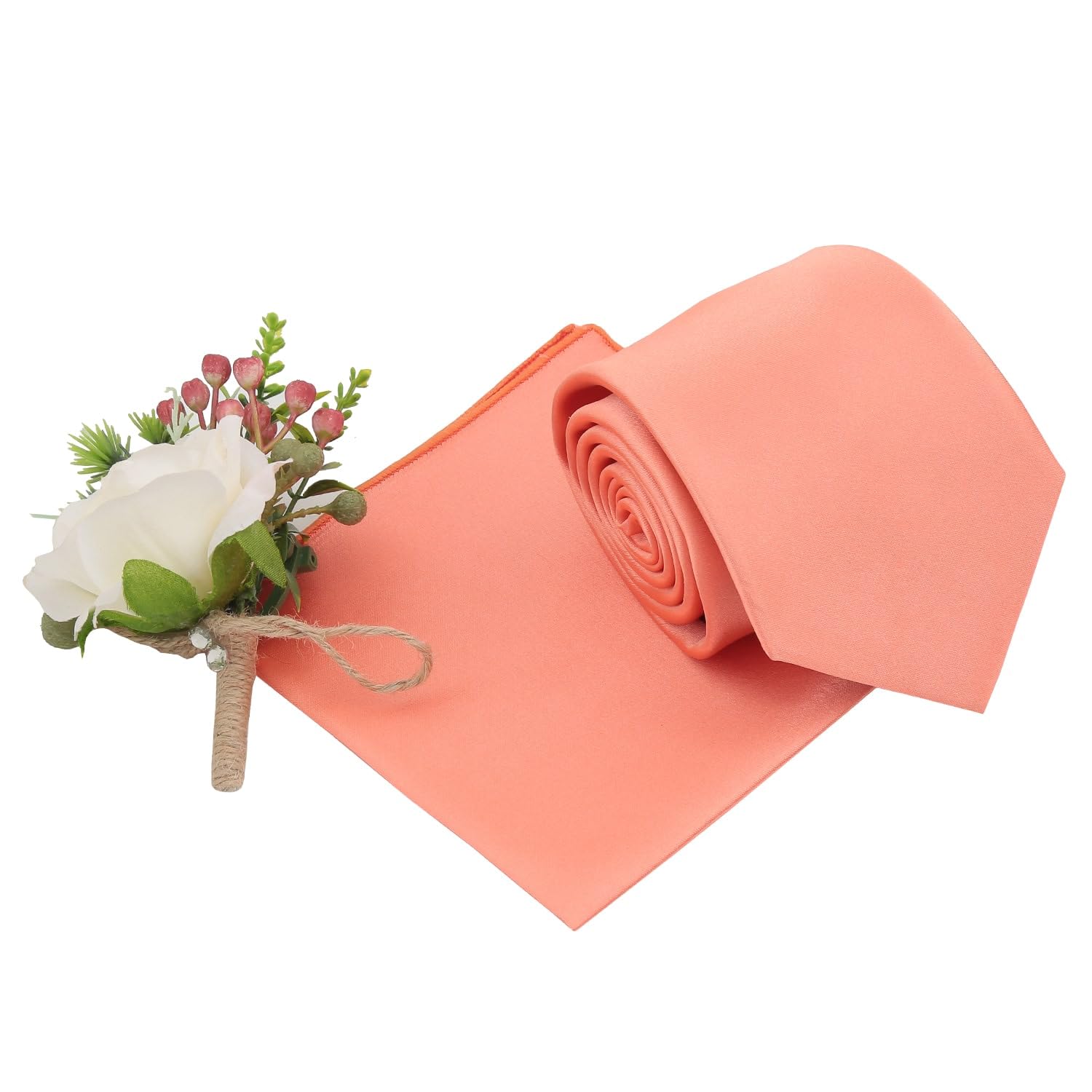 DQT Mens Plain Satin Tie & Pocket Square Set (2pc) - 9cm Classic Wedding, Business & Formal Necktie - Coral