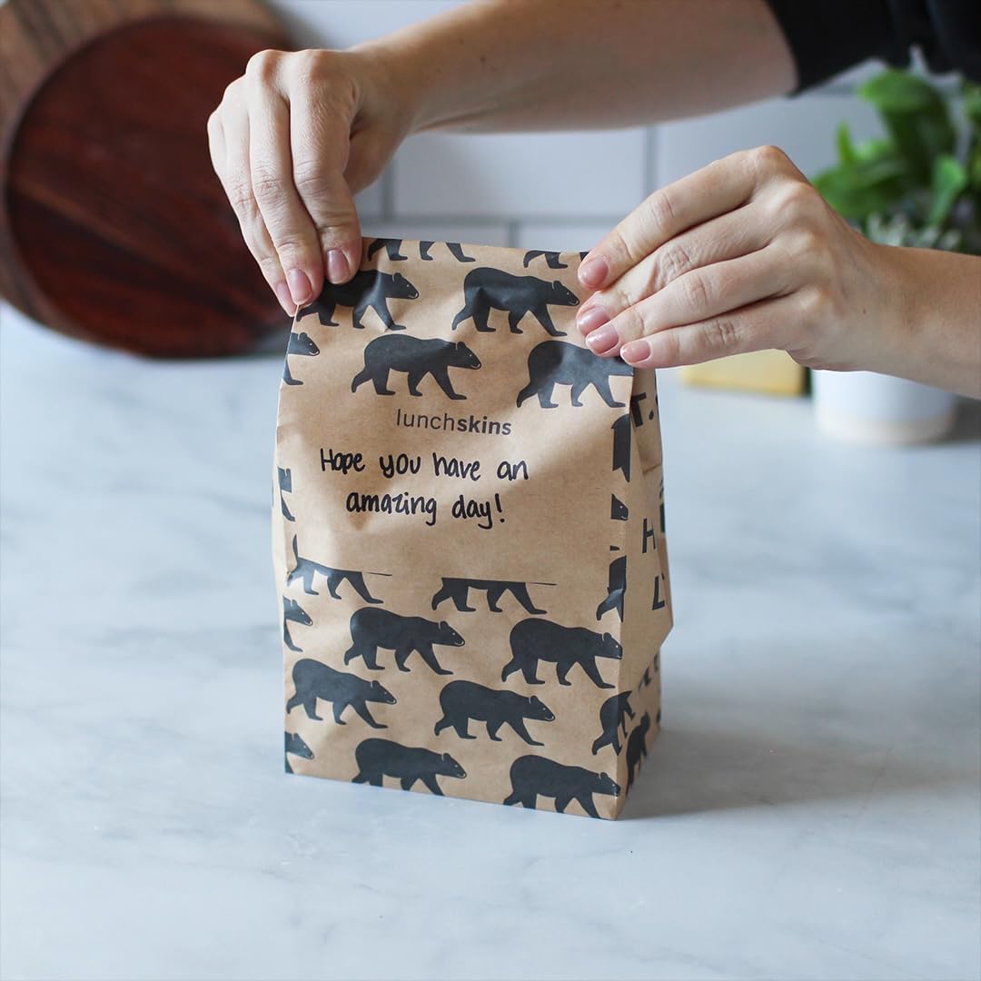 LunchSkins Compostable Paper Lunch Bags Variety Pack – 100 Count | Brown Kraft Paper Sacs with Note Area | 50 Avocado Print + 50 Bear Print Eco-Friendly Lunch and Snack Bags