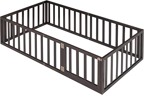 Miniatura 8 de Harper & Bright Designs Cama de suelo individual con rieles, marco de cama Montessori de madera con valla y puerta, para niños y niñas (tamaño