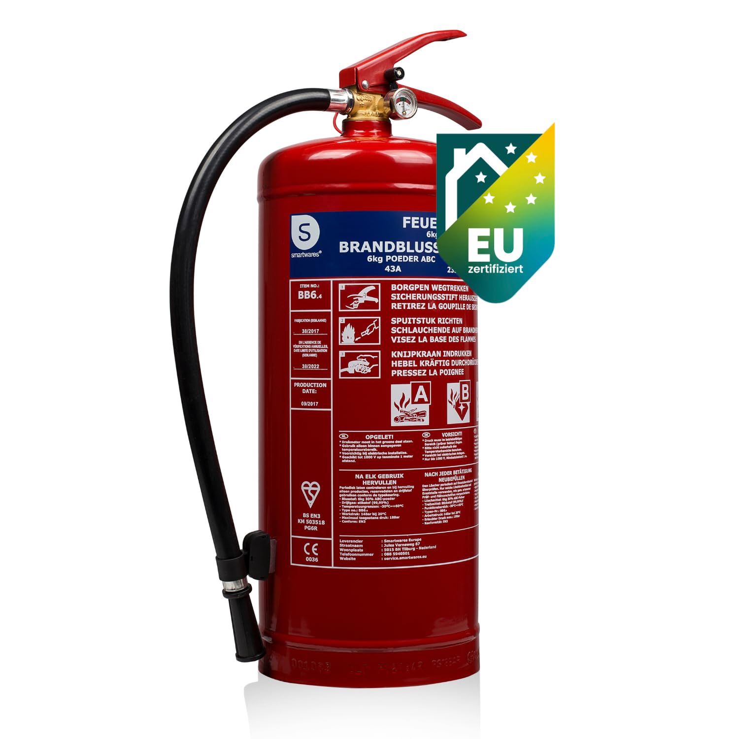 Smartwares Pulverlöscher – 6 kg – für ABC Brände – mit Halterung – FEX-15167