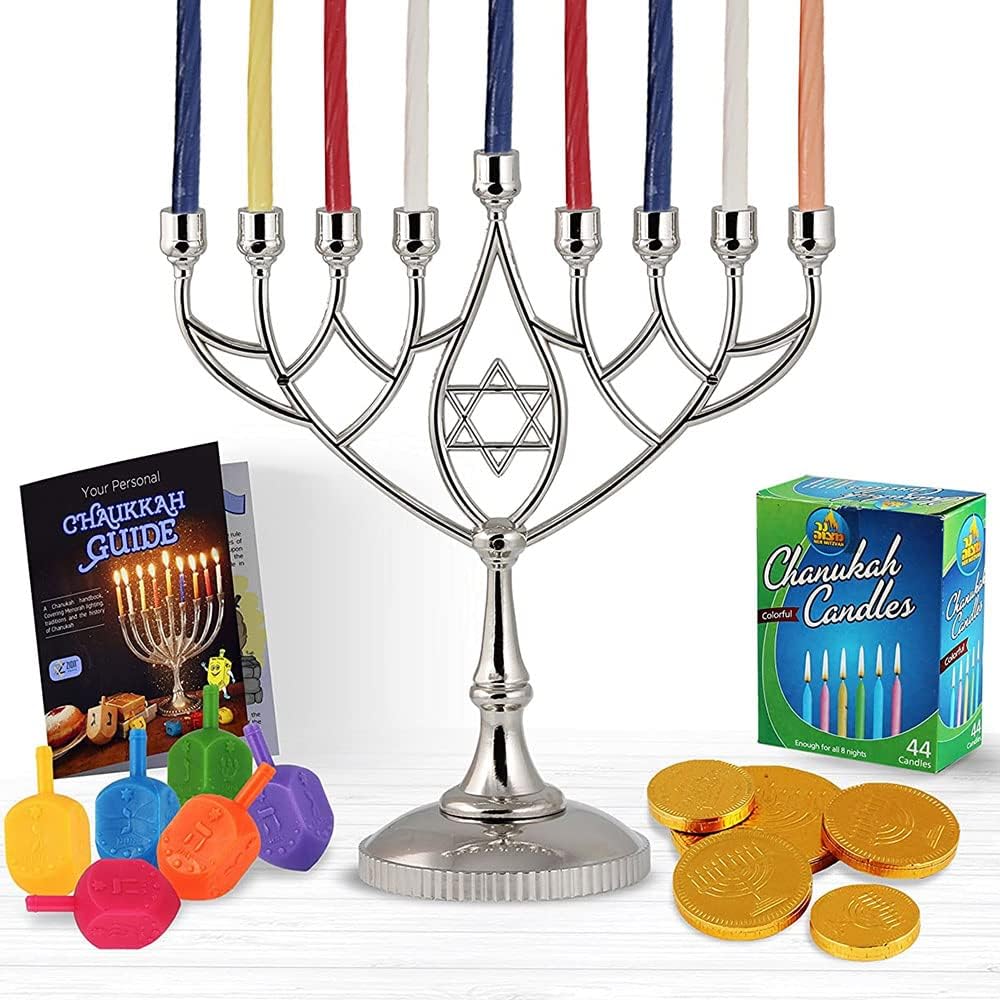 Last Minute Complete Hanukkah Menorah Kit - 9" Menorah, 44 Colored Hanukkah Candles, Chanukah Handbook Guide, 4 Colored Dreidels, Chocolate Gelt Coins - Chanukkah Essentials in 1 Box by Zion Judaica