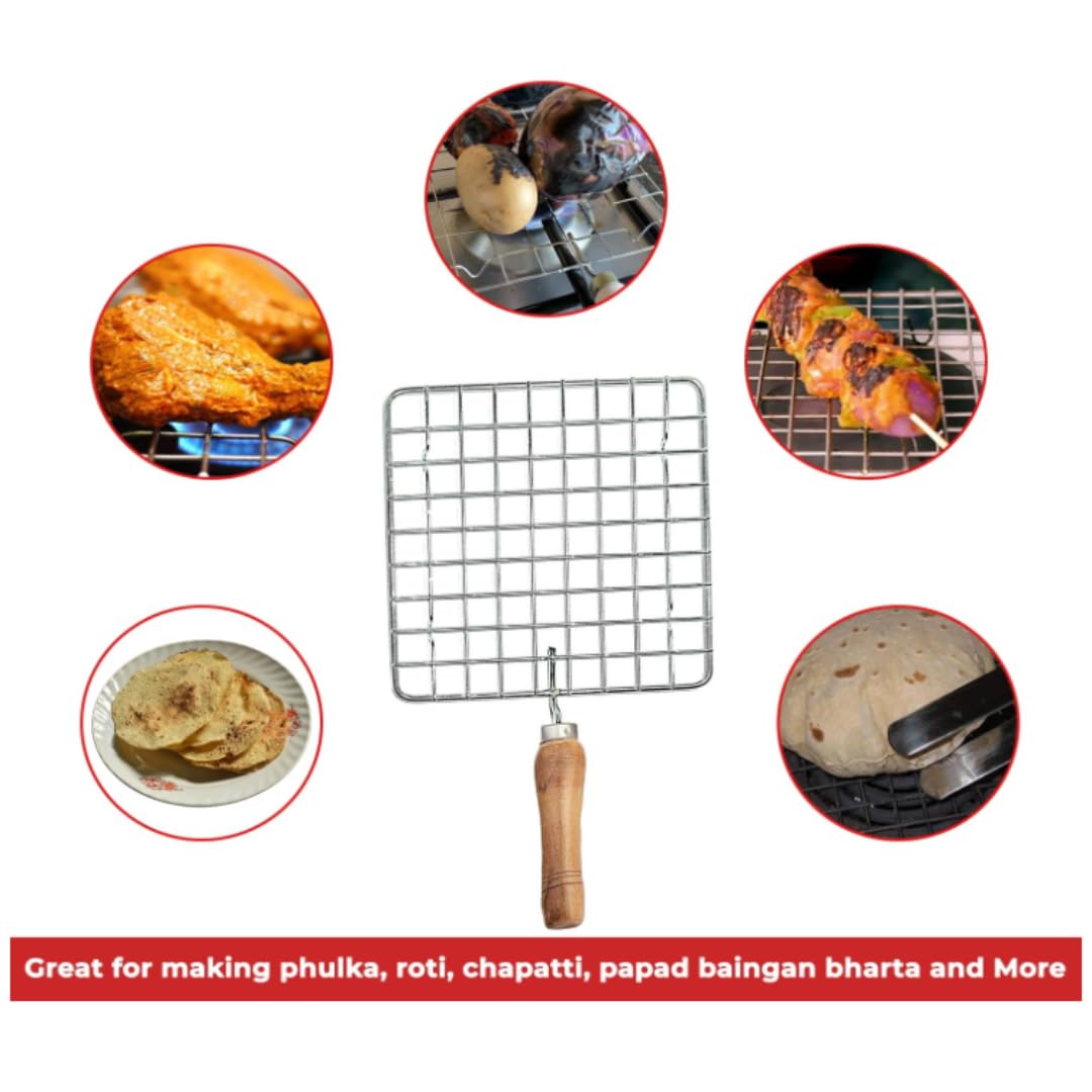 Amazon Papad Jali Roast, Paneer Grill, Roti Maker, Barbeque Jali Roaster Chapati Toast Grill Wooden Handle Vegetable tandoor net, Baigan Bharta, Jali/Roti