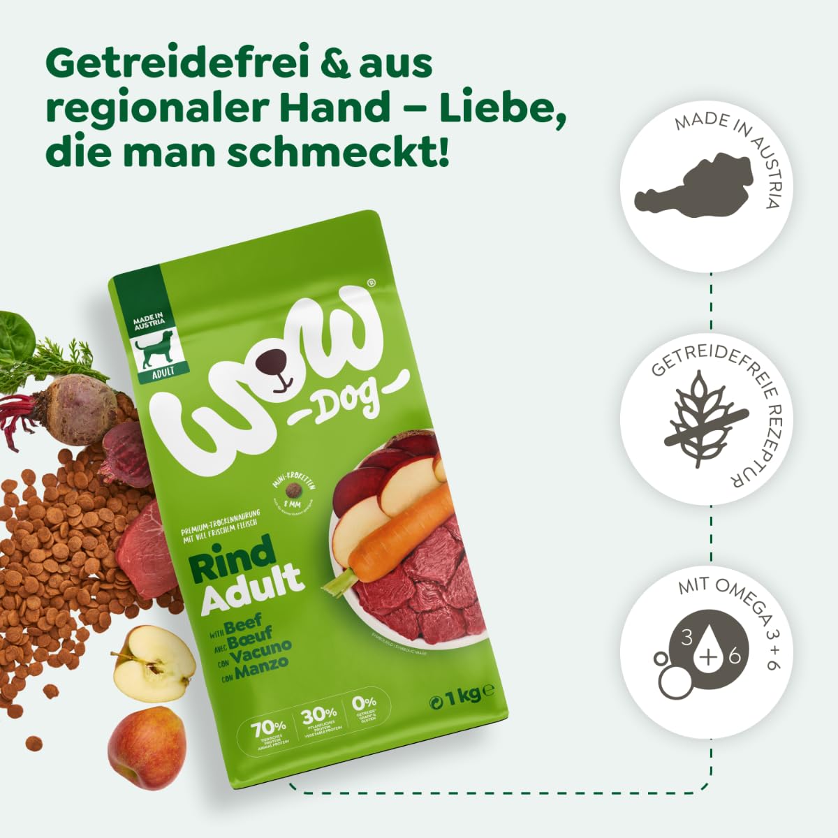 WOW Dog Hunde Trockenfutter Rind | für ausgewachsene Hunde, 32% Fleischanteil, getreidefrei | 12 kg