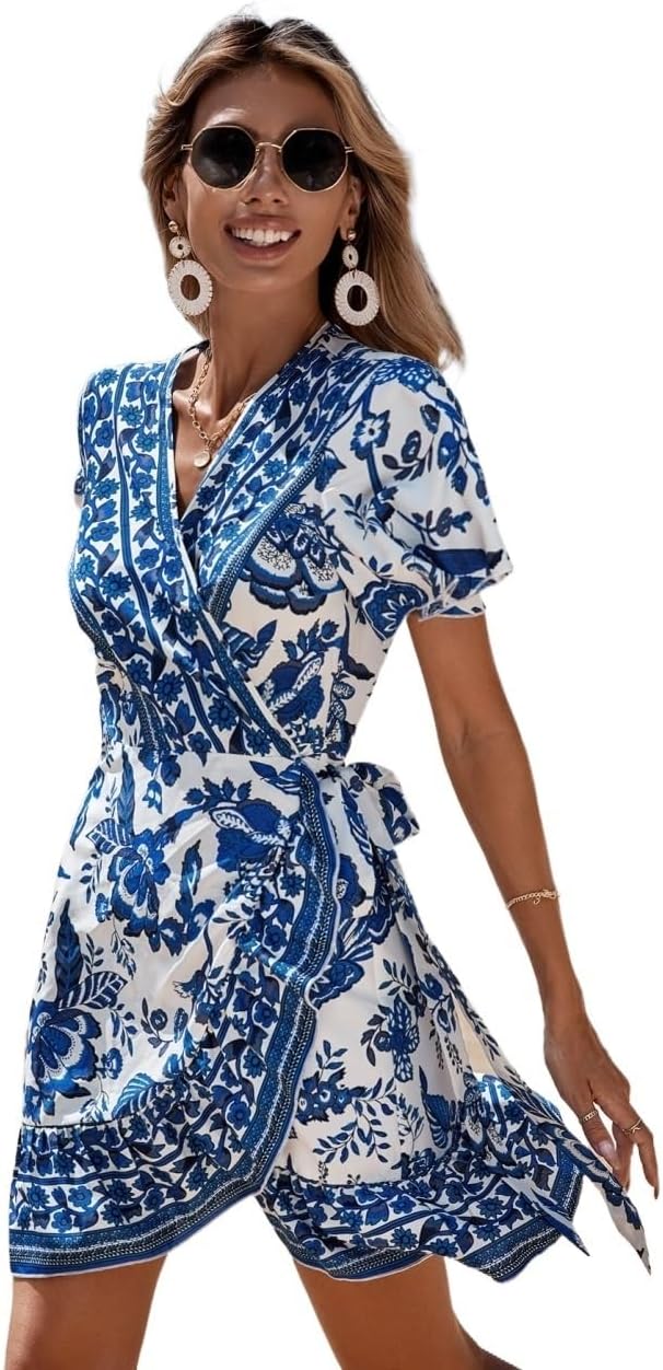 TOOSIS Dresses for Women 2023 Floral Print Neck Short Dress Ruffle Hem A Line High Waist