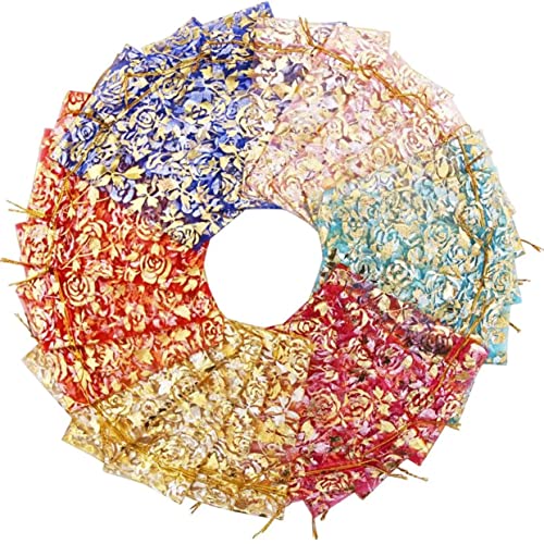 Image of Beingelegant Size : 13X18 Pack of 100 Bulk Return Gift Printed Organza Potli Shadi Shagun Wedding Hamper Gifting Organza Pouch | Mix Color