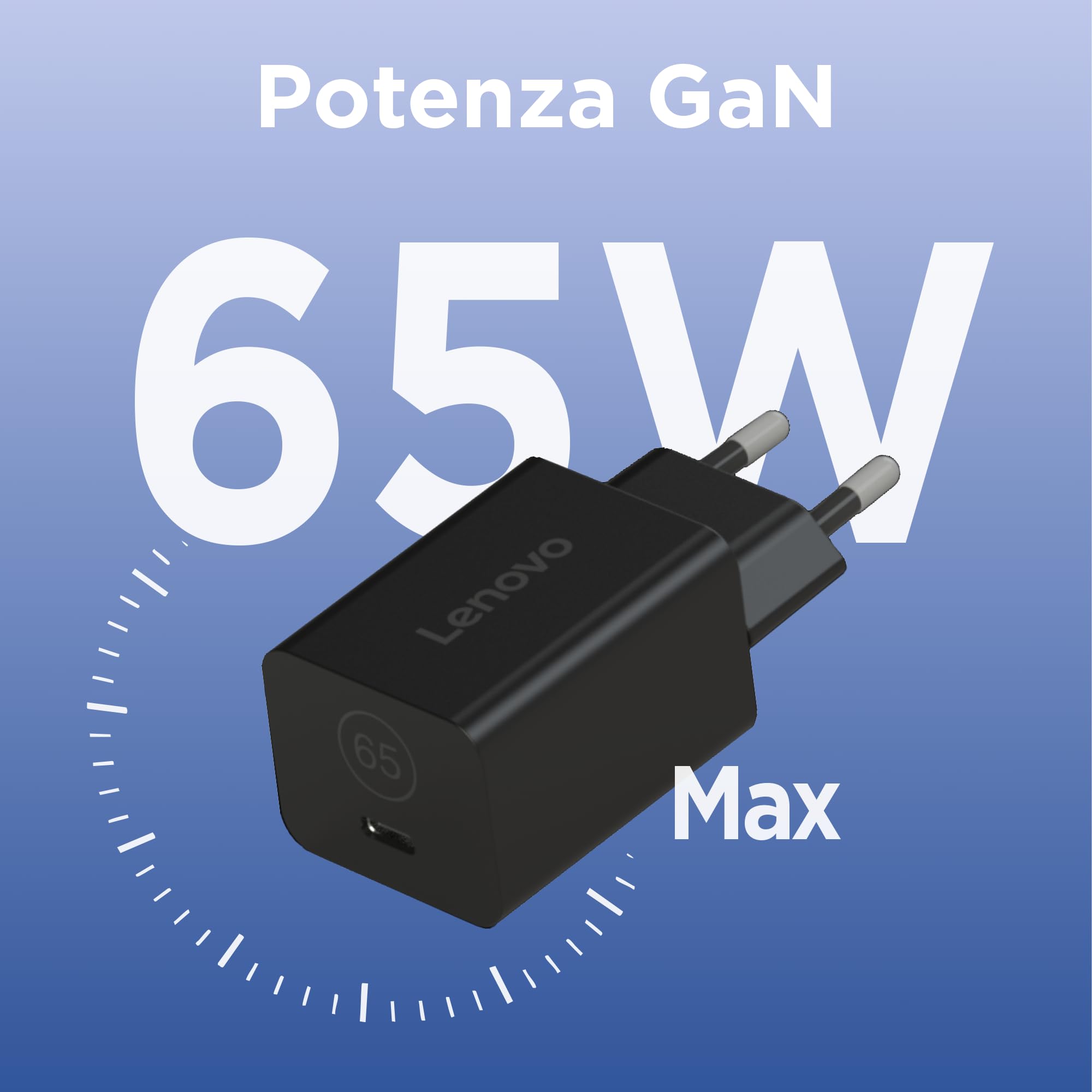 Lenovo GaN Nano 65W Adapter EU, caricatore USB-C da 65W con tecnologia GaN, cavo 1,8 m e volume 49 cc, per notebook e mobilità