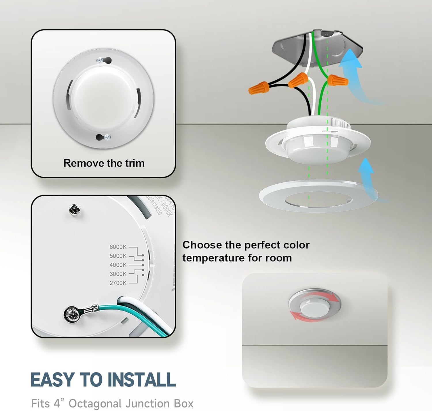 Sploda view of the ECOELER LED downlight showing the aluminum ring, sealed design, high-quality LEDs, and the 5CCT selectable switch.