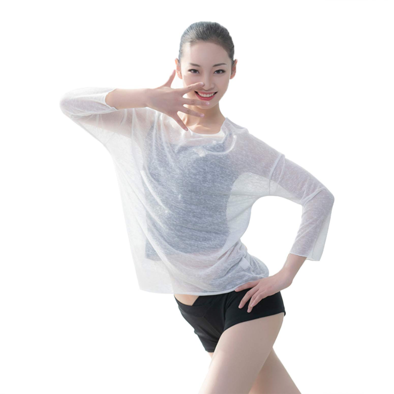 TTAO Women Mesh Long Sleeve Gymnastics Leotard Ballet Dance Dress Cover Up Tops Training Clothes Shirt White OneSize