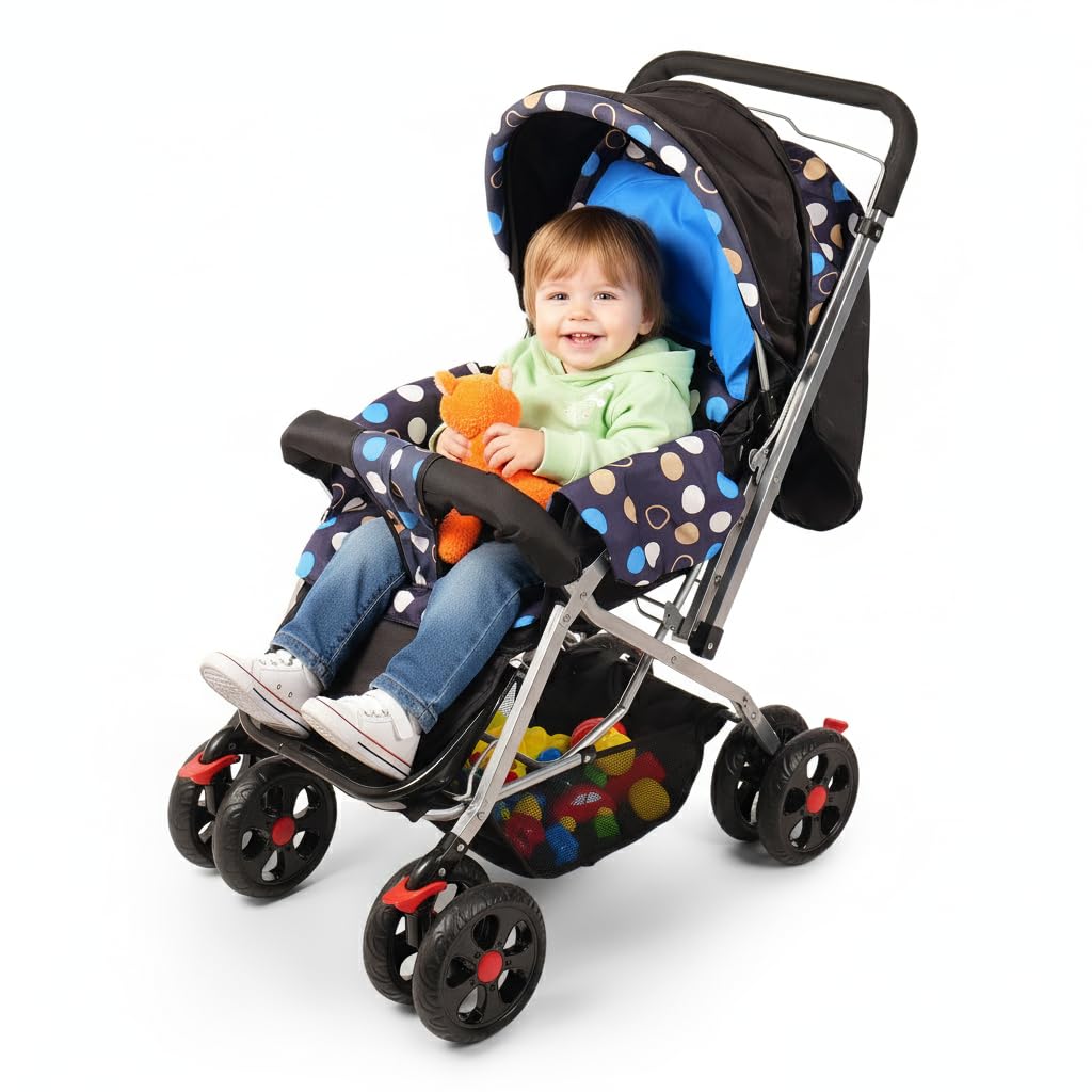Jammbo Explorer Baby Stroller/Pram for 0 to 3 Years, New Born/Kids, with Safety Belt, Adjustable backrest, 360 Swivel Wheel, Large Storage Basket, Reversible Handlebar Net (Blue,Black)-picture-31