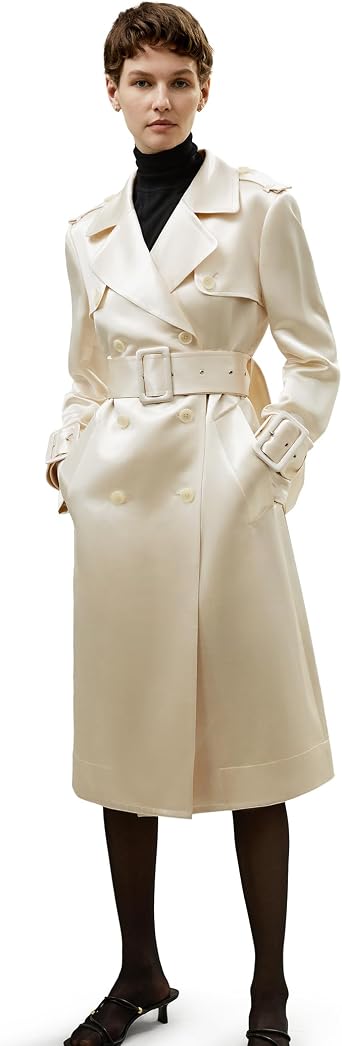 LilySilk Womens Double Breasted Silk-Blend Belted Coat Lapel Collar Luxury Pea Coat Buttons Closure with Slit Pockets