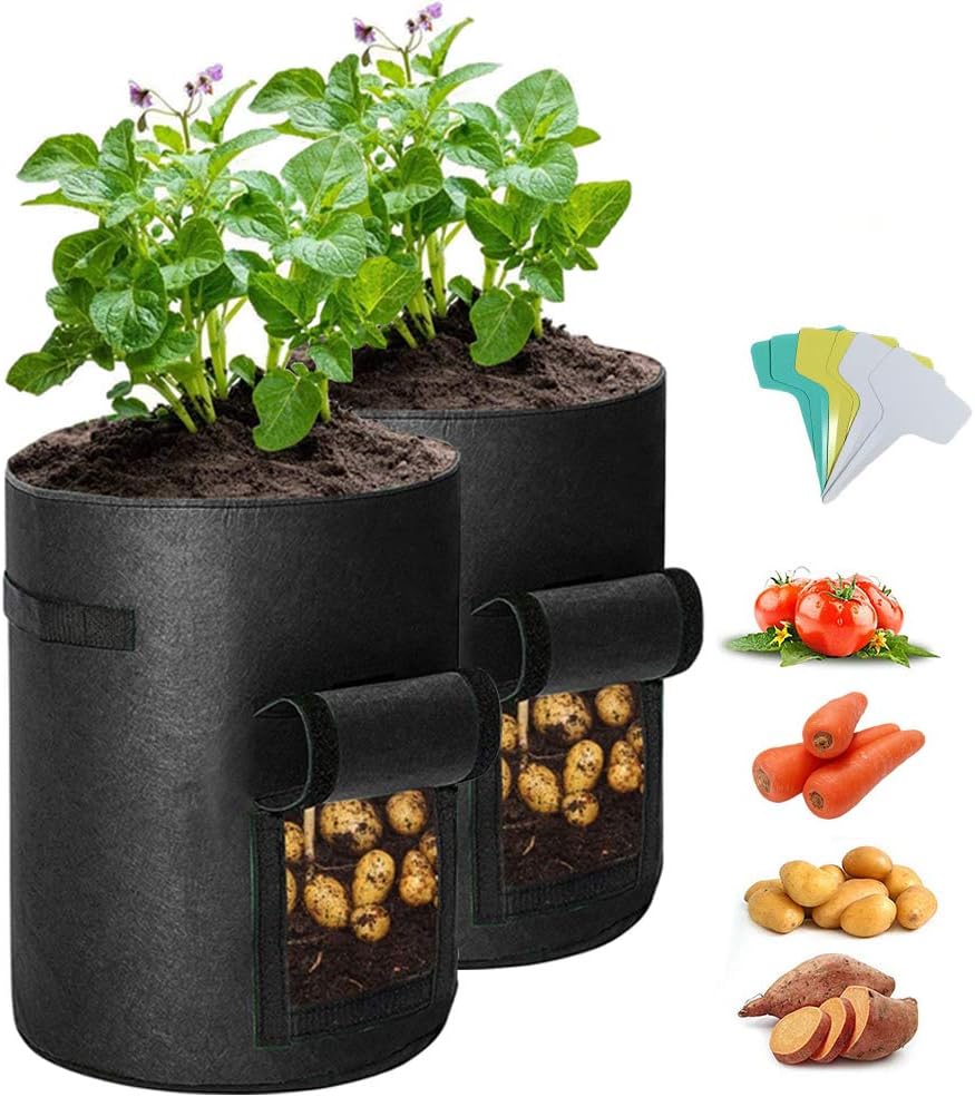 10 Gallon Potato Grow Bags, 2 Pack Planter Bags Breathable Non-Woven Fabric Grow Pot Garden Heavy Duty Plant growing Bags with Handles and Access Window Green